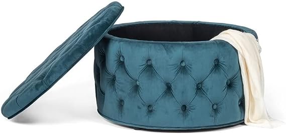 Adeco Round Storage Ottoman Button Tufted Footrest Stool Bench Teal- Velvet Wood, Fabric