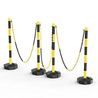 4 Pack Traffic Delineator Post Cones with Fillable Base, Adjustable Plastic Safety Barrier with 5Ft Plastic Chain, Outdoor and Indoor Crowd Control Stanchion for Traffic Control and Warning