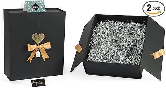 Gift Boxes with Lids 2 Pack, 16.5"x14.5"x5.5" Extra Large Black Gift Box with Ribbon Card Fancy Gift Wrap Boxes for Wrapping Presents Festival Anniversary, Birthday Weddings,Groomsmen Proposal Box