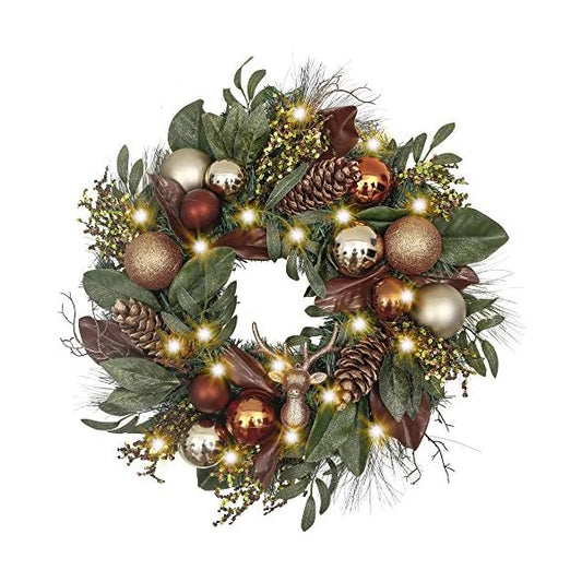 Valery Madelyn Pre-Lit 24 inch Woodland Lighted Christmas Wreath for Front Door with Ball Ornaments, Battery Operated 20 LED Lights, Holiday Decoration for Fireplace Xmas Decor