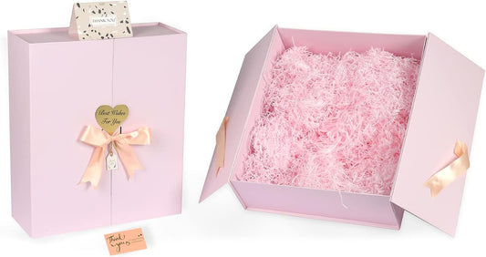 Gift Boxes with Lids 2 Pack, 16.5"x14.5" x 5.5" Extra Large Pink Gift Box with Ribbon Card Fancy Gift Wrap Boxes for Wrapping Presents Festival Anniversary, Birthday Weddings,Bridesmaid Proposal Box