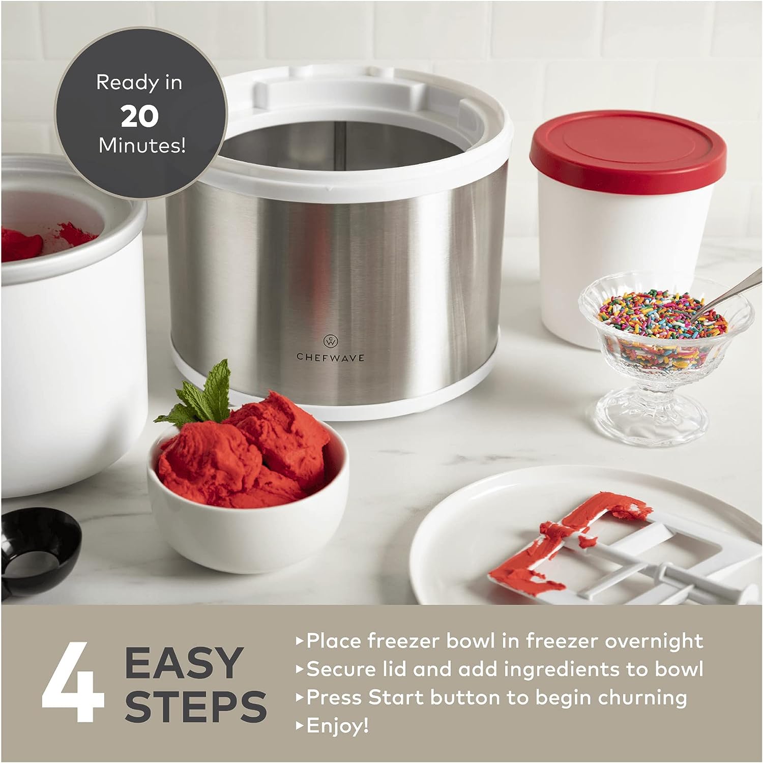 ChefWave Elado 2 Qt Automatic Frozen Yogurt, Sorbet, Gelato, Ice Cream Maker Includes 2 Pack Reusable Freezer Storage Containers 1 Qt Capacity, Recipe Book, LCD Digital Display, Adjustable Churn Time