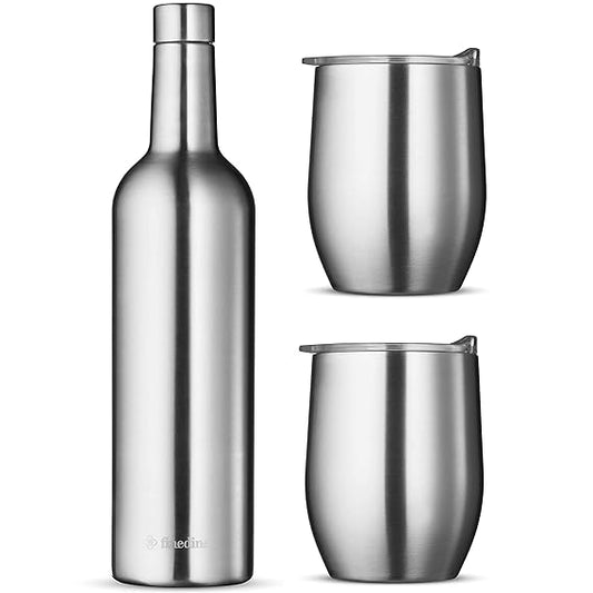 Wine Chiller Gift Set - Vacuum-Insulated Wine Bottle 750ml & Two Wine Tumbler With Lids 16 oz. Made of Shatterproof 18/8 Stainless Steel & BPA-FREE Lids, Perfect Wineglasses for Travel, Picnic, Etc.