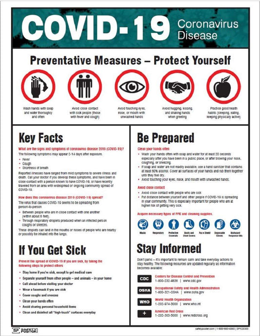 Safety Poster COVID-19 Information 22 x 17, Red/Blue/Green/Black on White (SP125300)