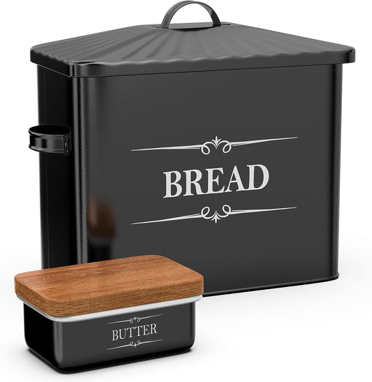 Bread Box & Butter Dish, Breadbox Storage Container, Loaf Holder, Kitchen Counter Bin, 15.25” x 12.5” x 7”, Black, Extra Large, Metal, Enamel, Farmhouse, Big Vintage Breadboxes With Lid, Fresh Keeper