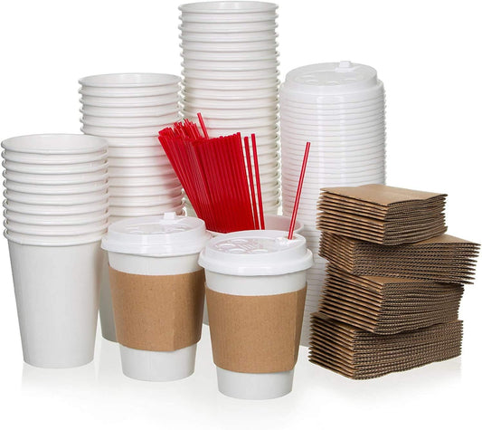 Perfectware Coffee Drinking Set, 100 12oz Single Wall Paper Cups, 100 White Lids, 100 Coffee Sleeves, 100 6" Wooden Upscale Stirrers, 400ct, One Size