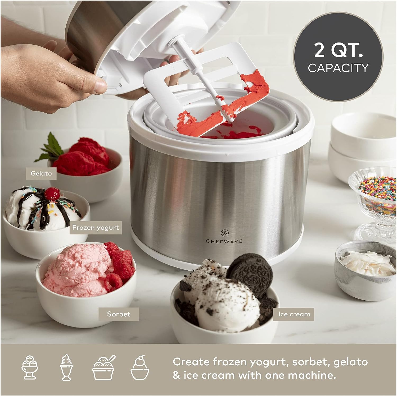 ChefWave Elado 2 Qt Automatic Frozen Yogurt, Sorbet, Gelato, Ice Cream Maker Includes 2 Pack Reusable Freezer Storage Containers 1 Qt Capacity, Recipe Book, LCD Digital Display, Adjustable Churn Time