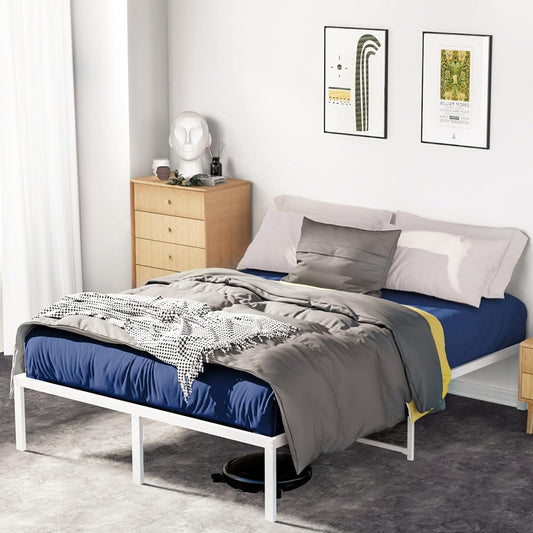 LUSIMO 14 Inch Full Bed Frame with Storage Heavy Duty Tall Metal Platform Bed Frame with Steel Slats No Box Spring Needed Noise Free Anti Slip White