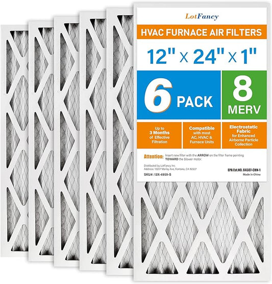 LotFancy 12x24x1 Air Filters, MERV 8 AC Furnace Filters, 6 Pack Pleated Air Conditioner HVAC Filters