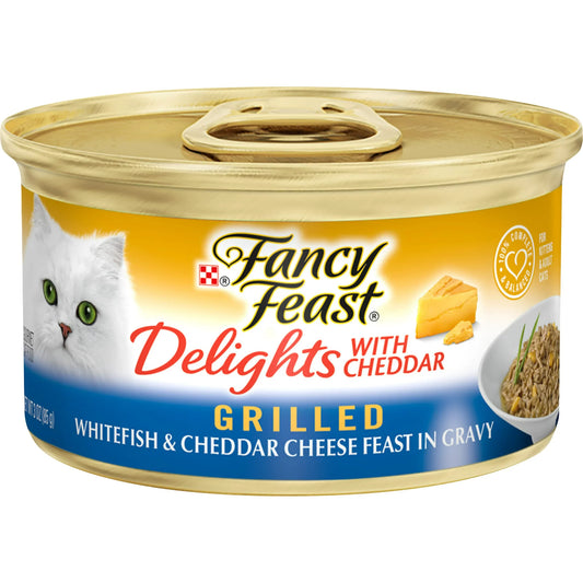 Purina Fancy Feast Gravy Wet Cat Food, Delights Grilled Whitefish & Cheddar Cheese Feast in Gravy - (24) 3 Oz. Cans