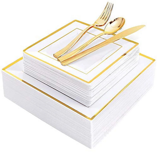 WDF 125pcs Gold Plastic Plates with Disposable Plastic Silverware- Gold Rim Square Plastic Dinnerware include 25 Dinner Plates,25 Salad Plates,25 Forks, 25 Knives,25 Spoons, Thanksgiving Plates
