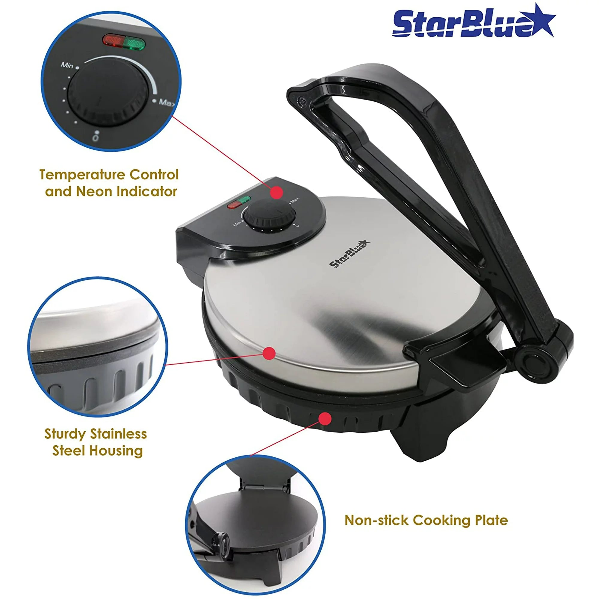 10inch Roti Maker by StarBlue with FREE Roti Warmer - The automatic Stainless Steel Non-Stick Electric machine to make Indian style Chapati, Tortilla, Roti AC 110V 50/60Hz 1500W