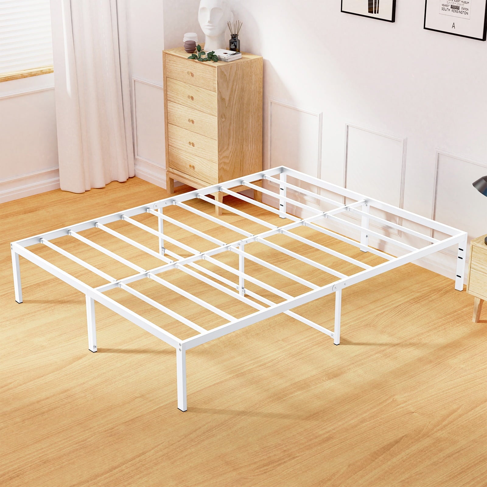 Lusimo Full Size Bed Frame No Box Spring Needed 14 inch Heavy Duty Metal Platform Bed Frame Full Anti-Slip Support Easy Lock Assembly, White