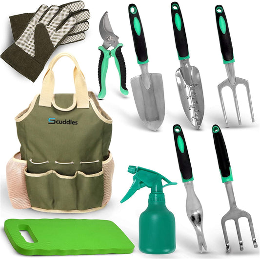 Scuddles Garden Tools Set - 7 Piece Heavy Duty Gardening Tools with Storage Organizer, Ergonomic Hand Digging Weeder, Rake, Shovel, Trowel, for Men & Women
